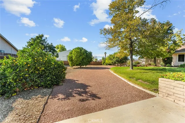 a view of a house with a yard and potted plants