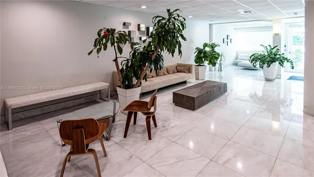 a living room with furniture and a potted plant