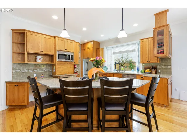 a view of a dining room with furniture