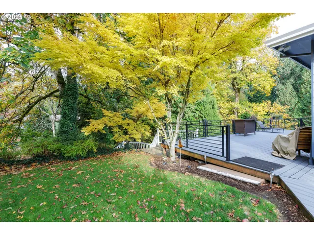 a garden view with a seating space