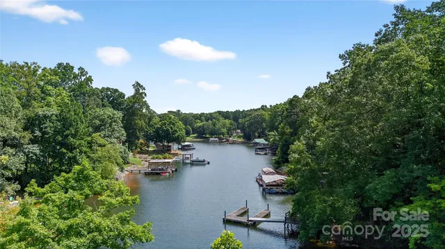 a view of a lake with boats and trees in the background