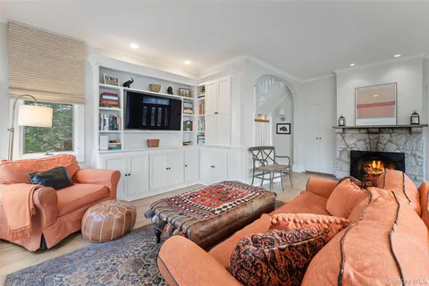 a living room with furniture a flat screen tv and a fireplace