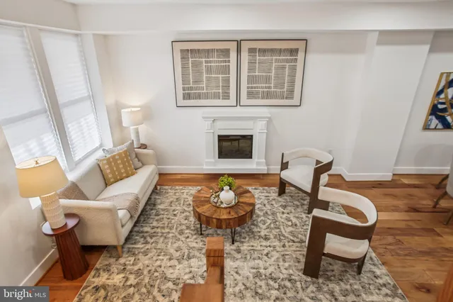 a living room with furniture a rug and a window