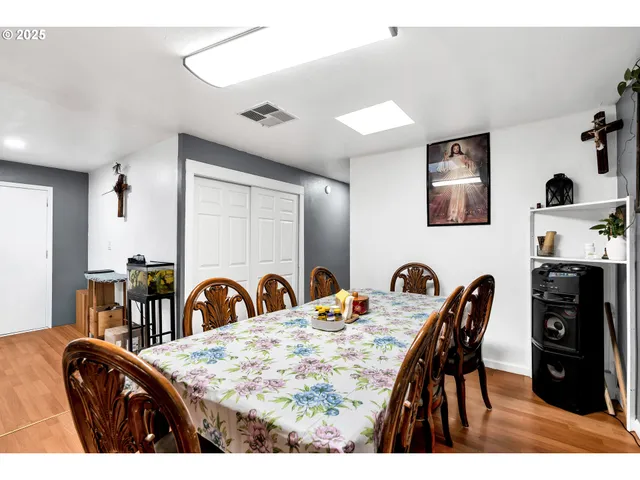 a view of a dining room with furniture