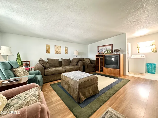 a living room with furniture and a rug