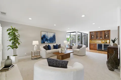 a living room with furniture potted plant and a large window