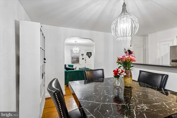 a view of a dining room with furniture