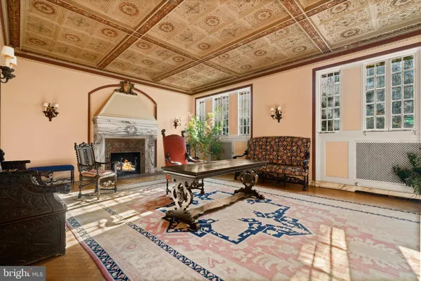 a living room with furniture a fireplace and potted plants