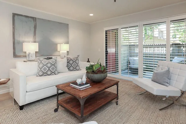 a living room with furniture and a potted plant