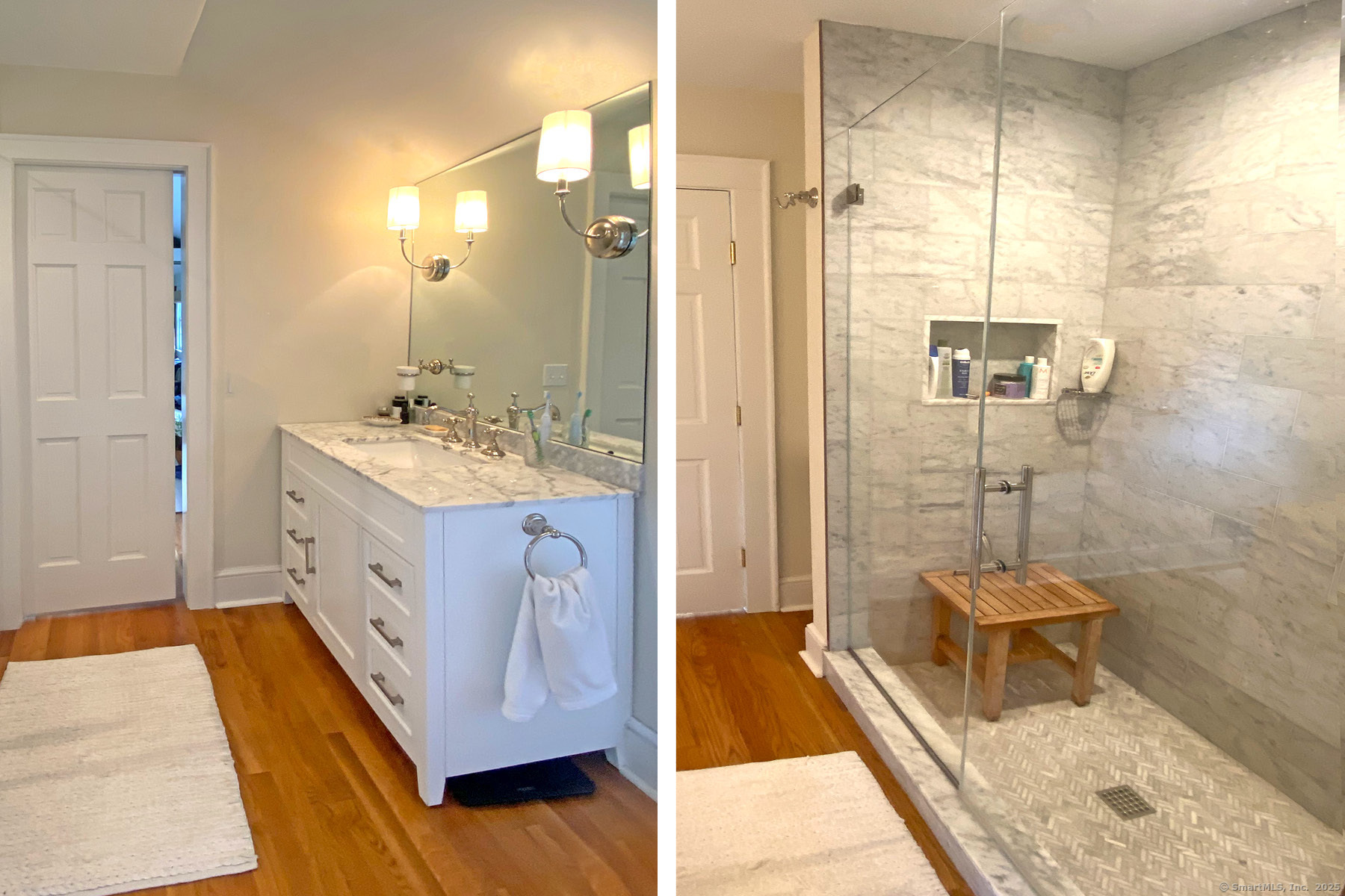 95 Compo Road North Westport, CT 06880 - Photo 11 of 28 a bathroom with a double vanity sink a toilet a mirror and shower