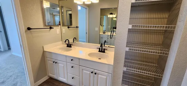 a bathroom with a sink and a mirror