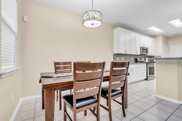 a view of a dining room with furniture