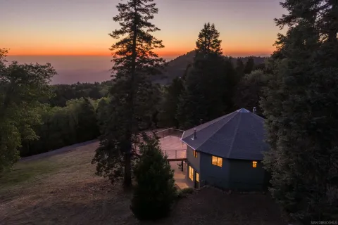a view of a house with a yard fire pit and a forest