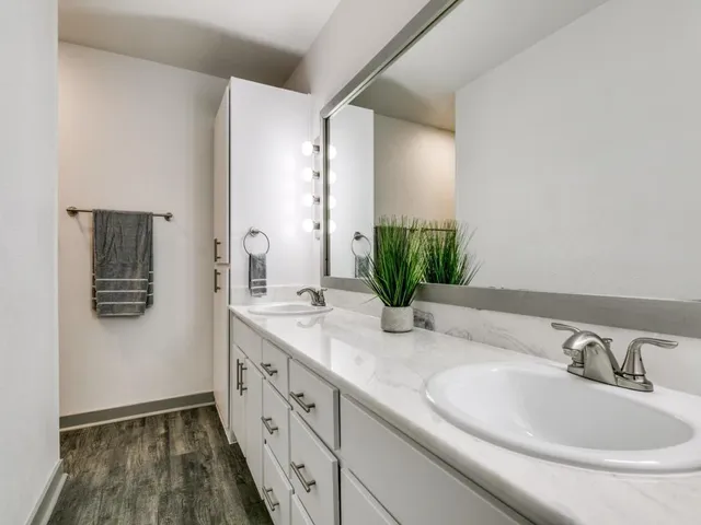 a bathroom with a double vanity sink and mirror