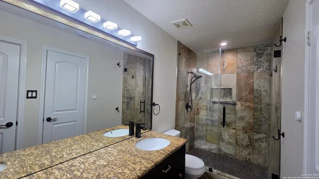 a bathroom with a granite countertop sink a toilet and shower