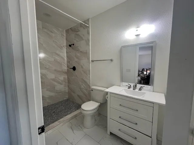 a bathroom with a sink a toilet a mirror and shower