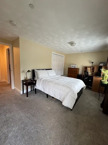 a bedroom with a bed and a furniture