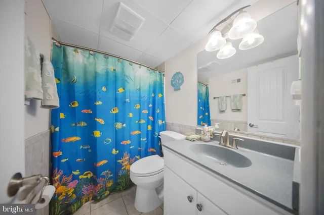 a bathroom with a sink a toilet and shower curtain