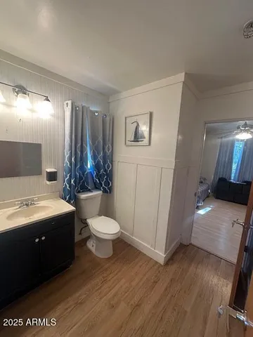 a bathroom with a sink a toilet and mirror