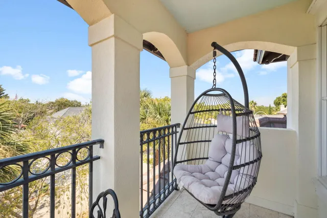 a garden view with a seating space