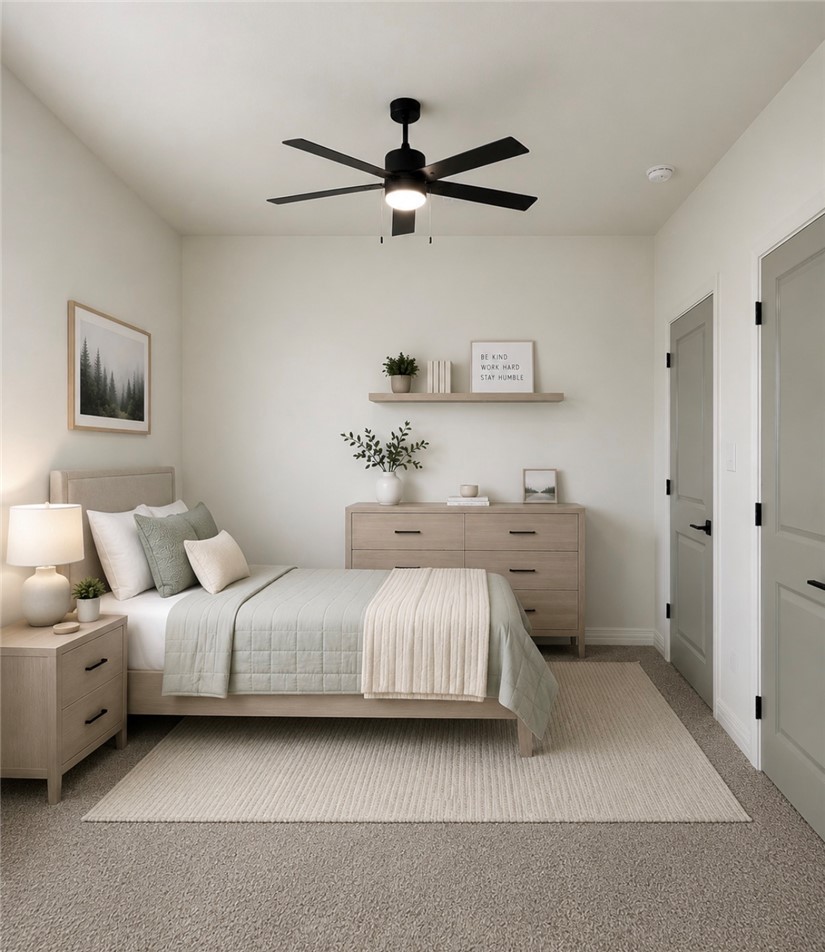 3245 Hunters Crossing Bryan, TX 77808 - Photo 8 of 30 Carpeted room featuring a ceiling fan with integrated lighting, two panel doors with black hardware, and a floating wall shelf