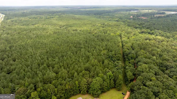 a view of a field with an ocean view