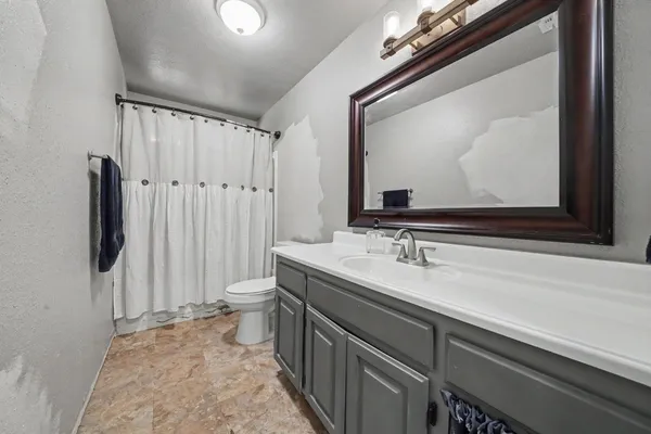 a bathroom with a sink a toilet and a mirror