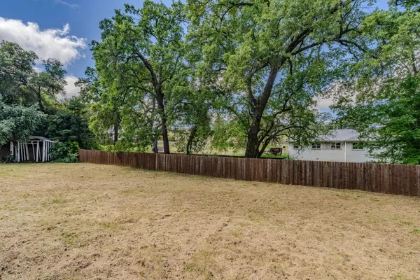 a view of a yard with an outdoor and large trees