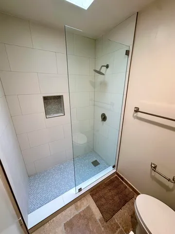 a bathroom with a shower and toilet