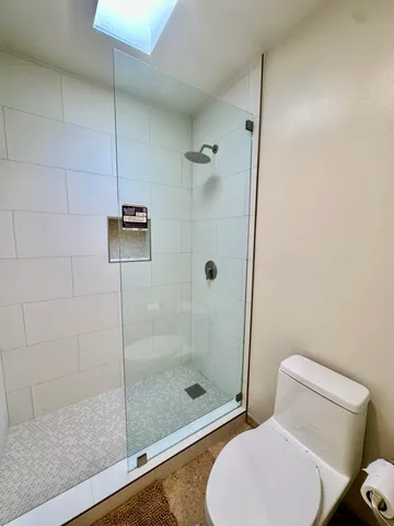 a bathroom with a toilet and a shower