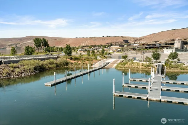 a view of a lake with tall building