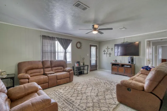 a living room with furniture ceiling fan and a rug