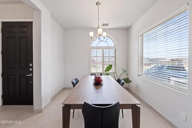 a view of a dining room with furniture window and outside view