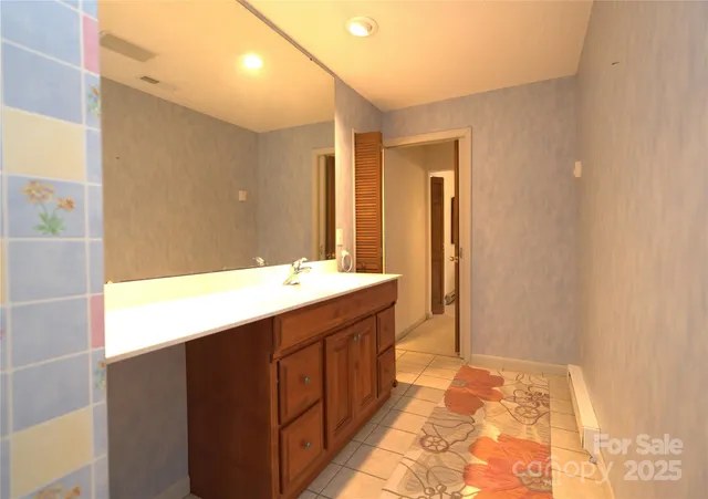 a bathroom with a sink mirror and a shower