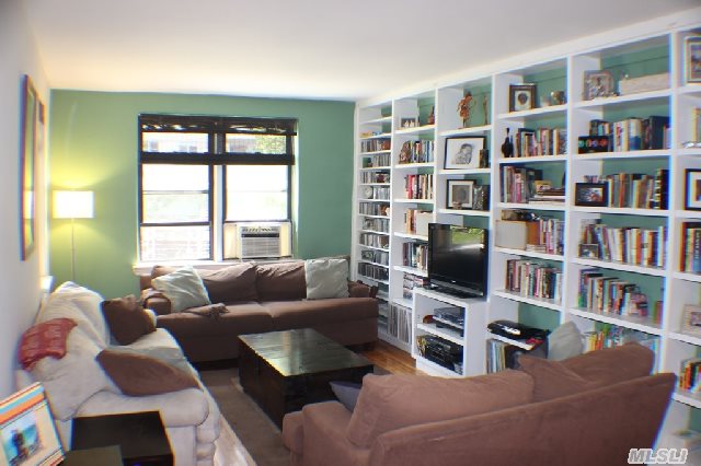 a living room with furniture a bookshelf and a window