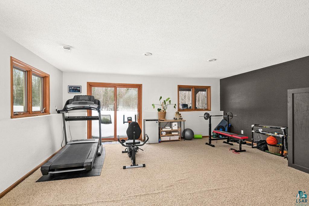 2783 Lauren Road Duluth, MN 55804 - Photo 31 of 47 Exercise room featuring carpet flooring and a textured ceiling