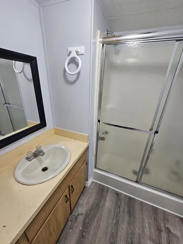 a bathroom with a sink and a mirror