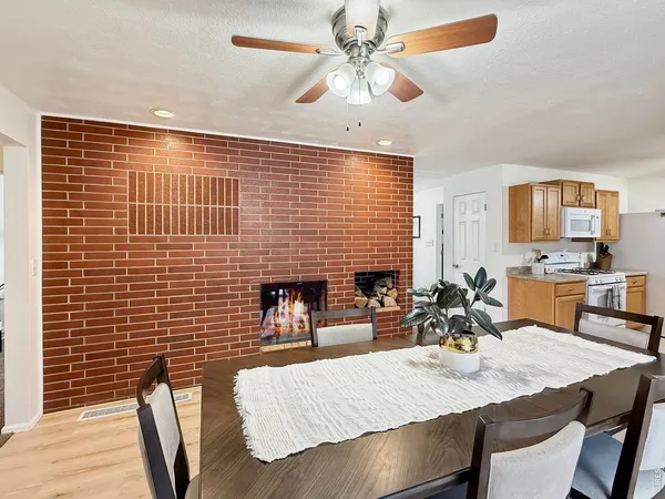 a view of a dining room with furniture