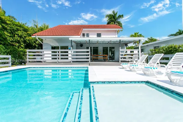 a swimming pool with outdoor seating