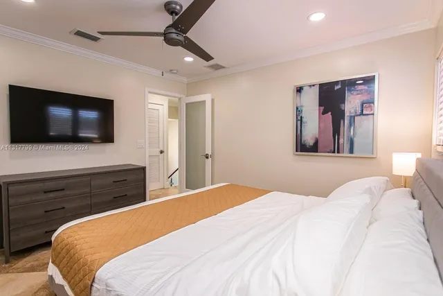 a bedroom with a bed and a flat screen tv