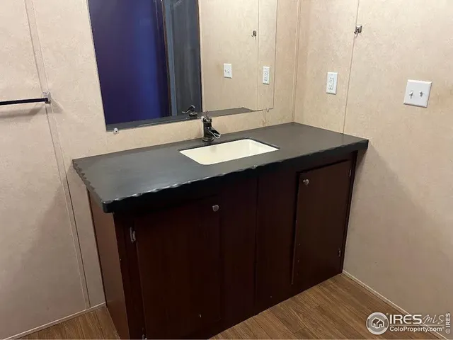a bathroom with a sink vanity and a mirror