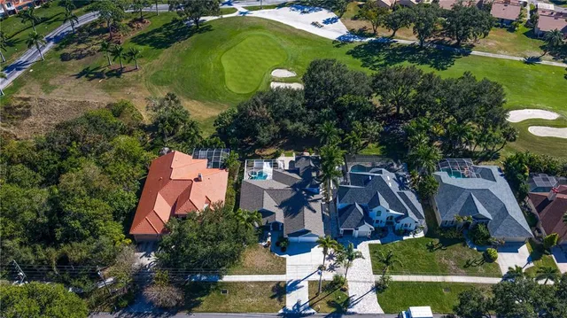 a view of a house with a yard and palm trees