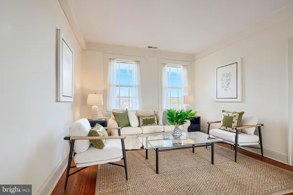 a living room with furniture a potted plant and a wooden floor