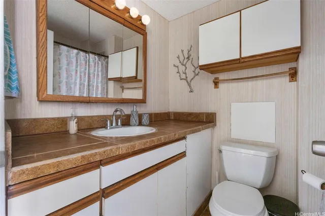 a bathroom with a granite countertop toilet sink and mirror