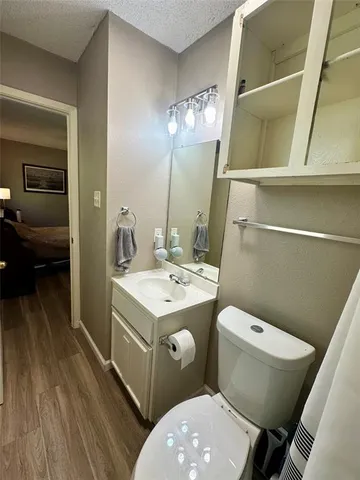 a bathroom with a sink a toilet and mirror