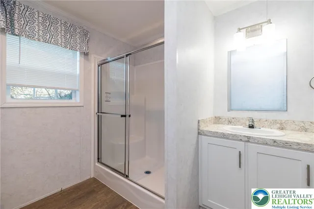 a bathroom with a granite countertop sink a mirror and a shower