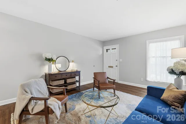 a living room with furniture a rug and a window