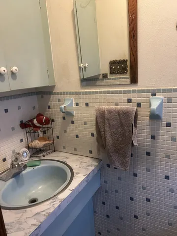 a bathroom with a sink and a mirror
