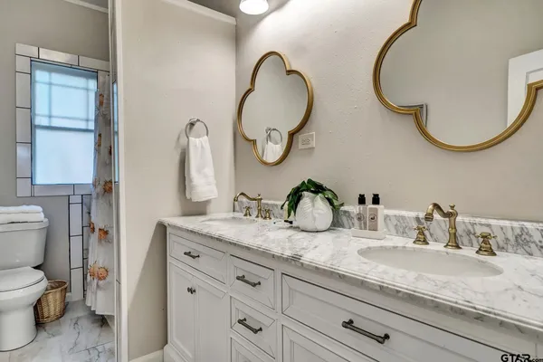 a bathroom with a granite countertop toilet sink and mirror