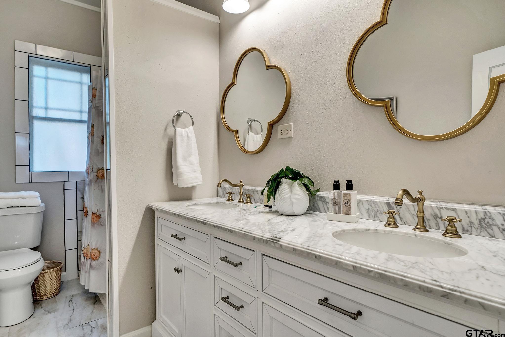 301 West Houston Street Tyler, TX 75702 - Photo 4 of 18 a bathroom with a granite countertop toilet sink and mirror